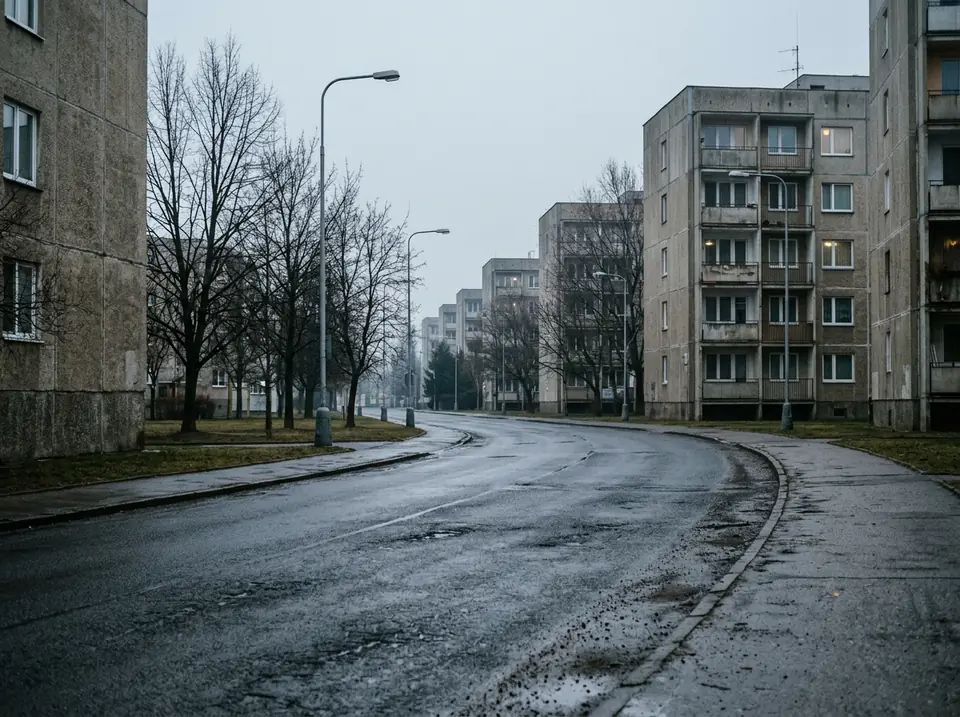 Panelos lakótelepi utca hideg reggelen, csupasz fák és üres aszfaltút, háttérben lakóépületek
